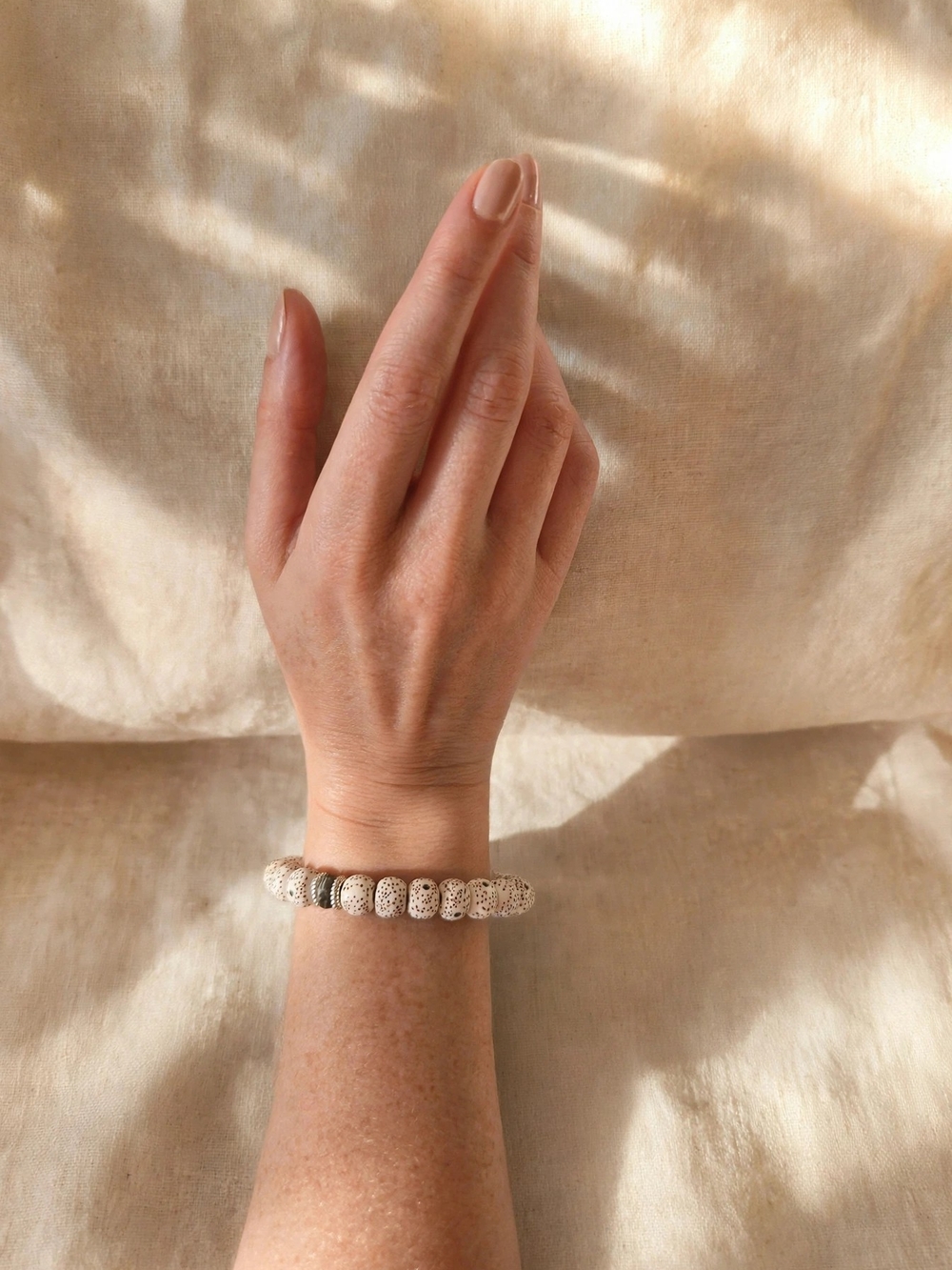 Natural Cream Lava Bead Bracelet with Silver Accents